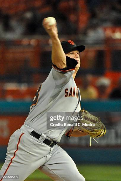 Pitcher Matt Cain of the San Francisco Giants pitches during a MLB game against the Florida Marlins in Sun Life Stadium on May 6, 2010 in Miami,...