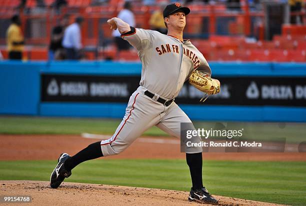 Pitcher Matt Cain of the San Francisco Giants pitches during a MLB game against the Florida Marlins in Sun Life Stadium on May 6, 2010 in Miami,...