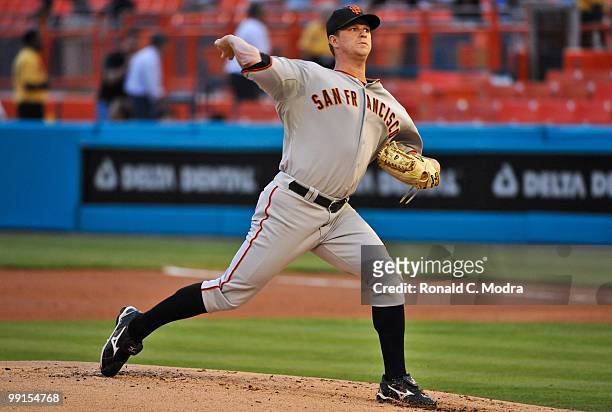 Pitcher Matt Cain of the San Francisco Giants pitches during a MLB game against the Florida Marlins in Sun Life Stadium on May 6, 2010 in Miami,...