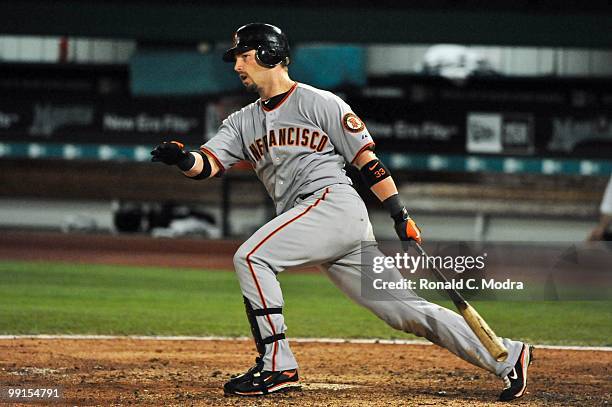 Aaron Rowand of the San Francisco Giants bats during a MLB game against the Florida Marlins in Sun Life Stadium on May 6, 2010 in Miami, Florida.