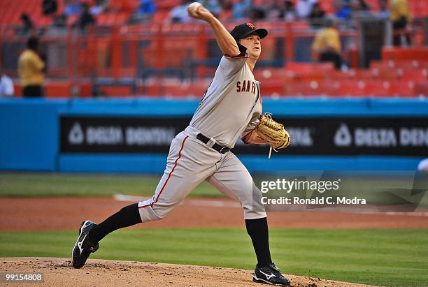 Pitcher Matt Cain of the San Francisco Giants pitches during a MLB game against the Florida Marlins in Sun Life Stadium on May 6, 2010 in Miami,...