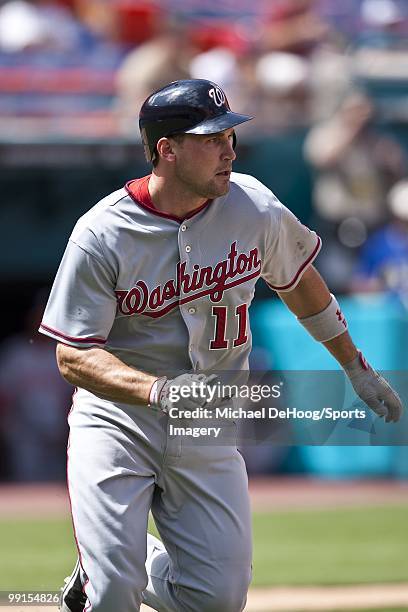 Ryan Zimmerman of the Washington Nationals runs to first base during a MLB game against the Florida Marlins in Sun Life Stadium on May 2, 2010 in...