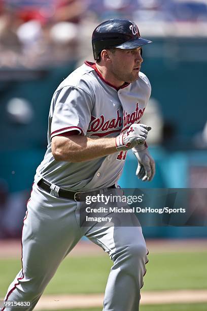 Ryan Zimmerman of the Washington Nationals runs to first base during a MLB game against the Florida Marlins in Sun Life Stadium on May 2, 2010 in...