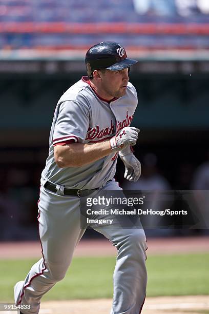 Ryan Zimmerman of the Washington Nationals runs to first base during a MLB game against the Florida Marlins in Sun Life Stadium on May 2, 2010 in...
