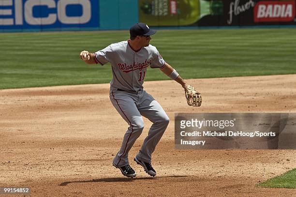Ryan Zimmerman of the Washington Nationals throws to first base during a MLB game against the Florida Marlins in Sun Life Stadium on May 2, 2010 in...