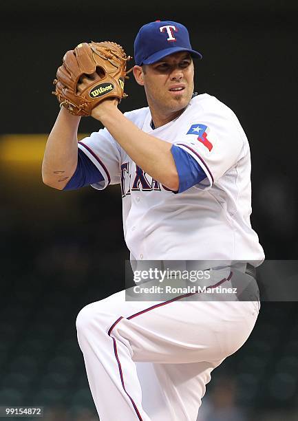 Pitcher Colby Lewis of the Texas Rangers throws against the Oakland Athletics on May 11, 2010 at Rangers Ballpark in Arlington, Texas.