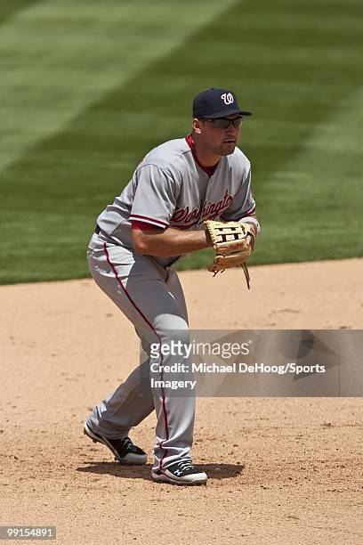 Ryan Zimmerman of the Washington Nationals fields during a MLB game against the Florida Marlins in Sun Life Stadium on May 2, 2010 in Miami, Florida.