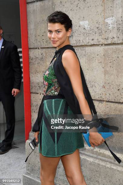 Georgia Fowler is seen arriving at Elie Saab fashion show during Haute Couture Fall Winter 2018/2019 on July 4, 2018 in Paris, France.