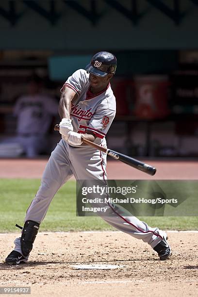 Roger Bernadina of the Washington Nationals bats during a MLB game against the Florida Marlins in Sun Life Stadium on May 2, 2010 in Miami, Florida.