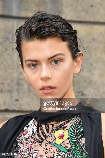 Georgia Fowler is seen arriving at Elie Saab fashion show during Haute Couture Fall Winter 2018/2019 on July 4, 2018 in Paris, France.