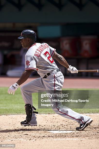 Roger Bernadina of the Washington Nationals bats during a MLB game against the Florida Marlins in Sun Life Stadium on May 2, 2010 in Miami, Florida.