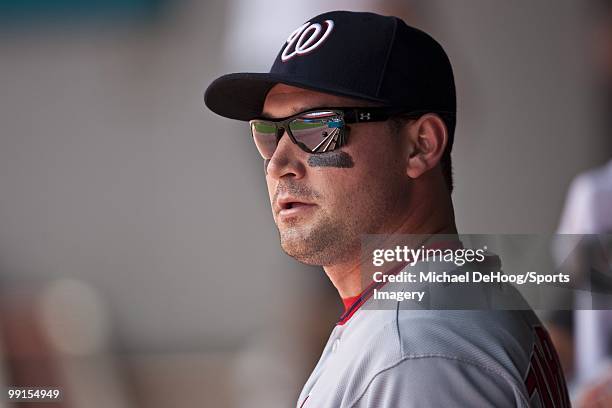 Ryan Zimmerman of the Washington Nationals looks on during a MLB game against the Florida Marlins in Sun Life Stadium on May 2, 2010 in Miami,...