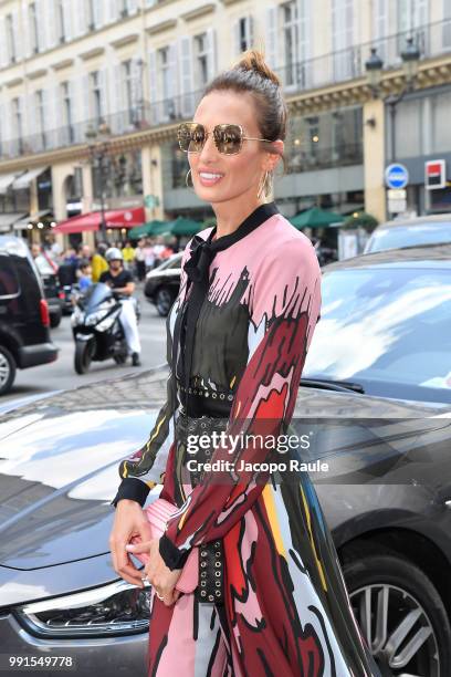 Nieves Alvarez is seen arriving at Elie Saab fashion show during Haute Couture Fall Winter 2018/2019 on July 4, 2018 in Paris, France.