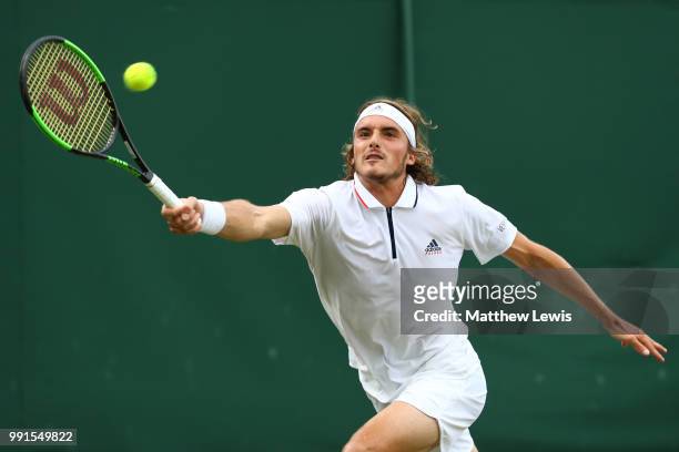 Stefanos Tsitsipas of Greece returns against Jared Donaldson of the United States during his Men's Singles second round match on day three of the...