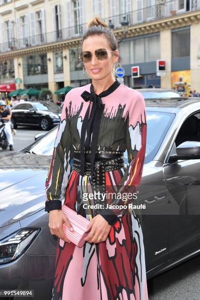 Nieves Alvarez is seen arriving at Elie Saab fashion show during Haute Couture Fall Winter 2018/2019 on July 4, 2018 in Paris, France.