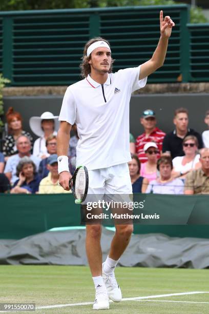 Stefanos Tsitsipas of Greece gestures during his Men's Singles second round match against Jared Donaldson of the United States on day three of the...