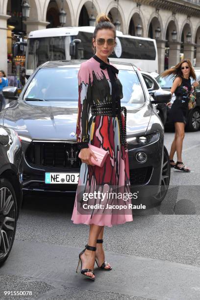 Nieves Alvarez is seen arriving at Elie Saab fashion show during Haute Couture Fall Winter 2018/2019 on July 4, 2018 in Paris, France.