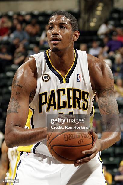 Solomon Jones of the Indiana Pacers looks to take a shot against the Houston Rockets during the game at Conseco Fieldhouse on April 4, 2010 in...