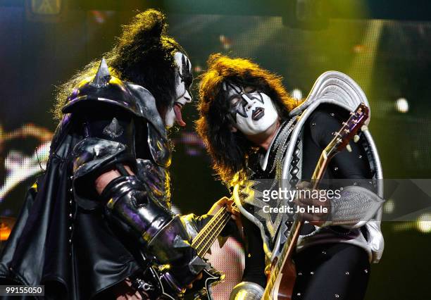Gene Simmons and Tommy Thayer of Kiss perform at Wembley Arena on May 12, 2010 in London, England.