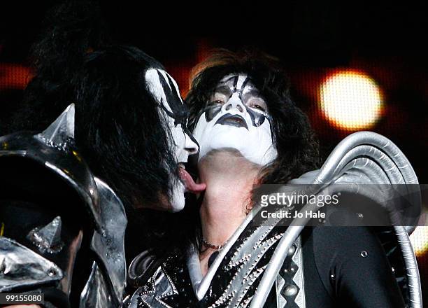 Gene Simmons and Tommy Thayer of Kiss performs at Wembley Arena on May 12, 2010 in London, England.