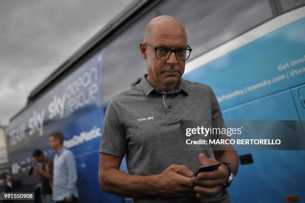 Great Britain Team Sky team principal, Sir Dave Brailsford is pictured within a press conference of Team Sky, on July 4, 2018 in...