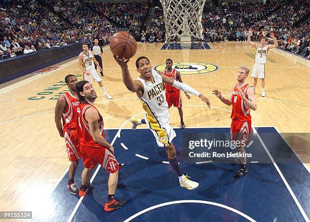 Danny Granger of the Indiana Pacers makes a layup against the Houston Rockets during the game at Conseco Fieldhouse on April 4, 2010 in Indianapolis,...