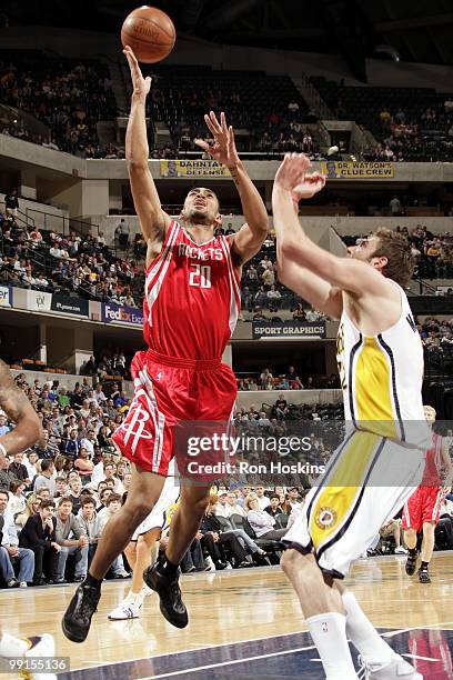 Jared Jeffries of the Houston Rockets puts a shot up against the Indiana Pacers during the game at Conseco Fieldhouse on April 4, 2010 in...