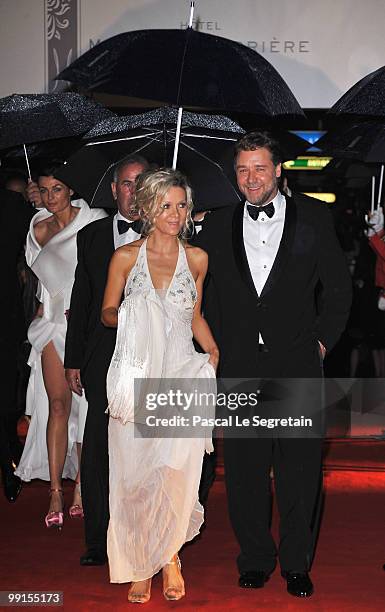 Danielle Spencer and Russell Crowe attend the Opening Ceremony Dinner at the Majestic Hotel during the 63rd International Cannes Film Festival on May...