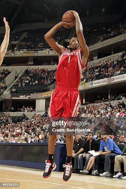 Trevor Ariza of the Houston Rockets puts a shot up against the Indiana Pacers during the game at Conseco Fieldhouse on April 4, 2010 in Indianapolis,...