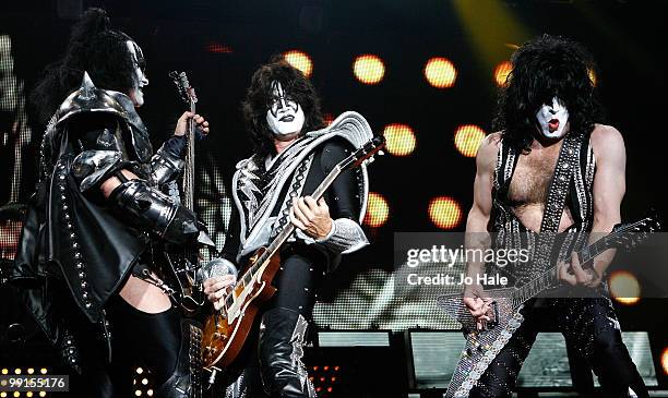 Gene Simmons, Tommy Thayer and Paul Stanley of Kiss perform at Wembley Arena on May 12, 2010 in London, England.