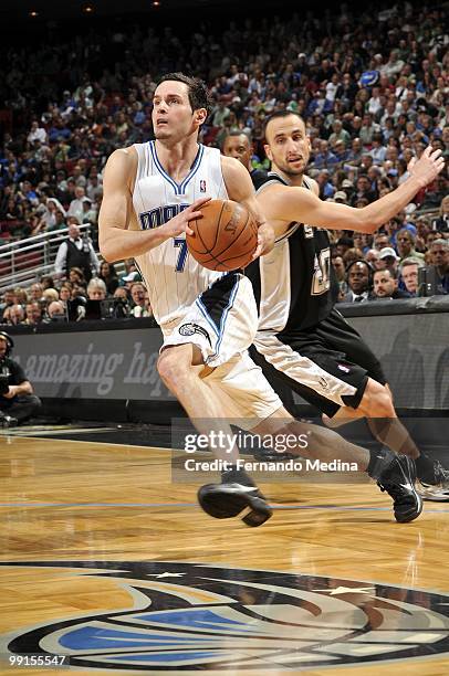 Redick of the Orlando Magic drives the ball against the San Antonio Spurs during the game at Amway Arena on March 17, 2010 in Orlando, Florida. The...