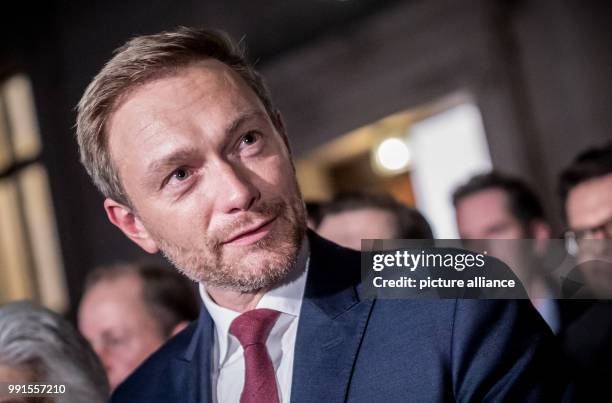 Head of the Free Democratic Party Christian Lindner, delivers a statement to media after another session of exploratory talks for the so-called...