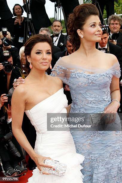 Eva Longoria Parker and Aishwarya Rai attend the 'Robin Hood' Premiere at the Palais des Festivals during the 63rd Annual Cannes Film Festival on May...