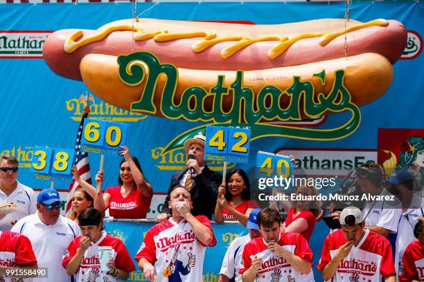 Joey Chestnut competes in the annual Nathan's Hot Dog Eating Contest on July 4, 2018 in the Coney Island neighborhood of the Brooklyn borough of New...