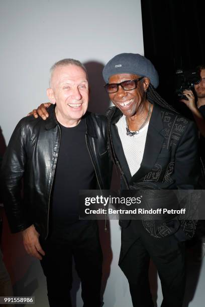 Stylist Jean-Paul Gaultier and musician Nile Rodgers pose after the Jean-Paul Gaultier Haute Couture Fall Winter 2018/2019 show as part of Paris...