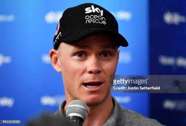 Christopher Froome of Great Britain and Team Sky / during the 105th Tour de France 2018, Team SKY press conference / TDF / on July 4, 2018 in...