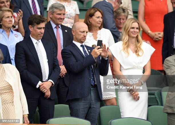 Stephen Mangan, Matt Dawson and wife Carolin Hauskeller in the royal box on day three of the Wimbledon Tennis Championships at the All England Lawn...