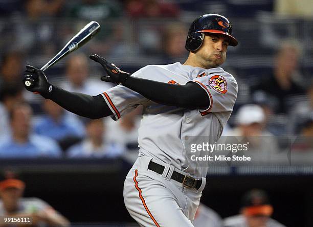 Nick Markakis of the Baltimore Orioles bats against the New York Yankees on May 4, 2010 in the Bronx borough of New York City. The Yankees defeated...