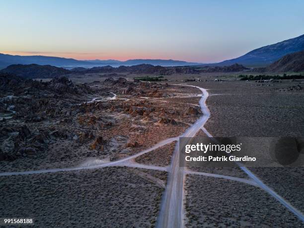 aerial view of sierra nevadas, roads and alabama hills. - giardino stock pictures, royalty-free photos & images