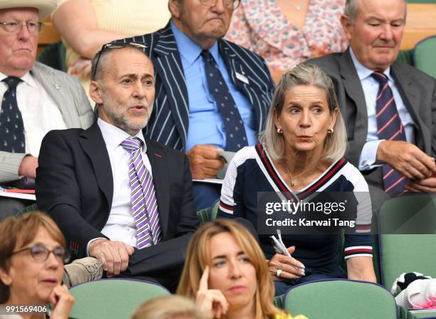 Michel Roux Jr and Giselle Roux sit in the royal box on day three of the Wimbledon Tennis Championships at the All England Lawn Tennis and Croquet...