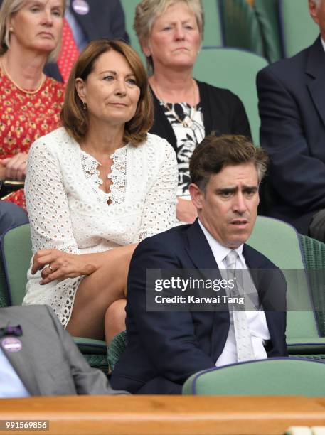 Carole Middleton and Stephen Mangan sit in the royal box on day three of the Wimbledon Tennis Championships at the All England Lawn Tennis and...