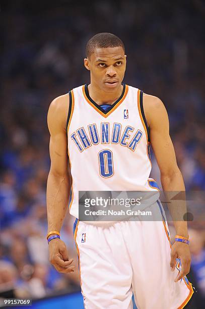 Russell Westbrook of the Oklahoma City Thunder looks on against the Los Angeles Lakers in Game Six of the Western Conference Quarterfinals during the...
