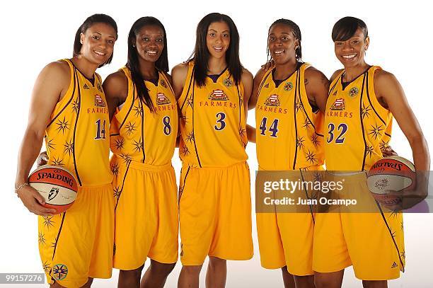 Lindsay Wisdom-Hylton, DeLisha Milton-Jones, Candace Parker, Tiffany Stansbury and Tina Thompson of the Los Angeles Sparks pose for a portrait during...