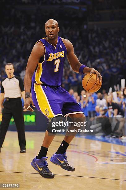 Lamar Odom of the Los Angeles Lakers dribbles against the Oklahoma City Thunder in Game Six of the Western Conference Quarterfinals during the 2010...