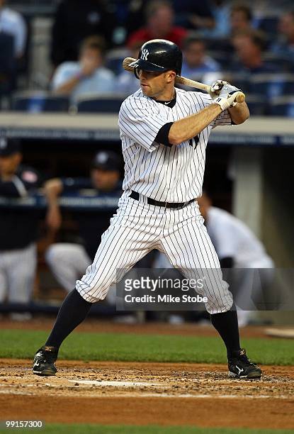 Brett Gardner of the New York Yankees bats against the Baltimore Orioles on May 4, 2010 in the Bronx borough of New York City. The Yankees defeated...