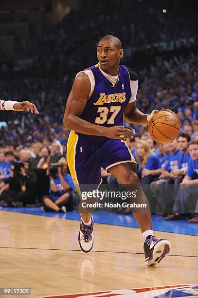 Ron Artest of the Los Angeles Lakers drives against the Oklahoma City Thunder in Game Six of the Western Conference Quarterfinals during the 2010 NBA...