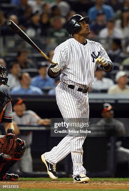 Robinson Cano of the New York Yankees bats against the Baltimore Orioles on May 4, 2010 in the Bronx borough of New York City. The Yankees defeated...