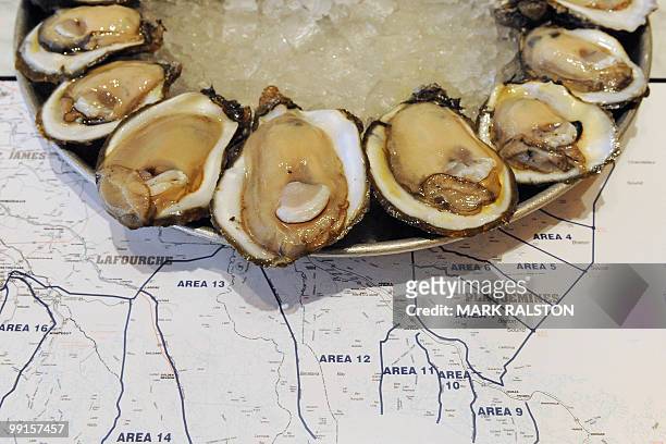 Oysters displayed on a zone map which highlights their origin, at the Bourbon House restaurant in New Orleans as the spreading oil from the BP...