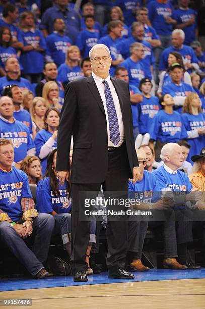 Head Coach Phil Jackson of the Los Angeles Lakers looks on against the Oklahoma City Thunder in Game Six of the Western Conference Quarterfinals...
