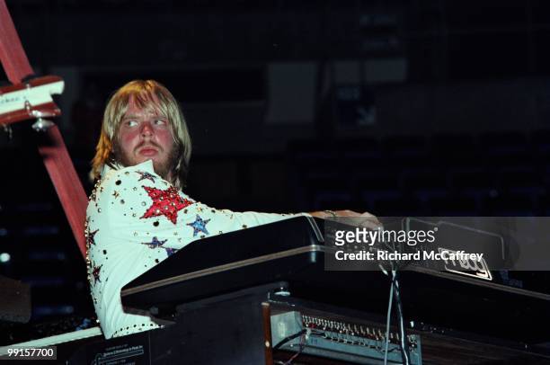 Rick Wakeman of Yes performs live at The Oakland Coliseum in 1977 in Oakland, California.